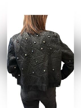 Elie Tahari Lambskin Leather Fringe Jacket